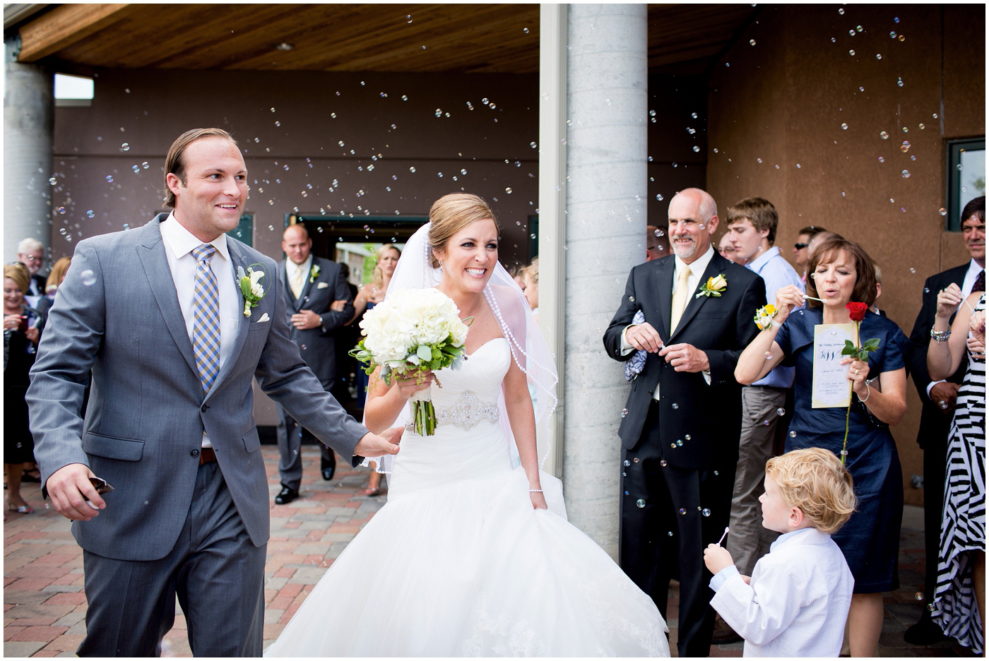 picture of bride and groom during bubble exit
