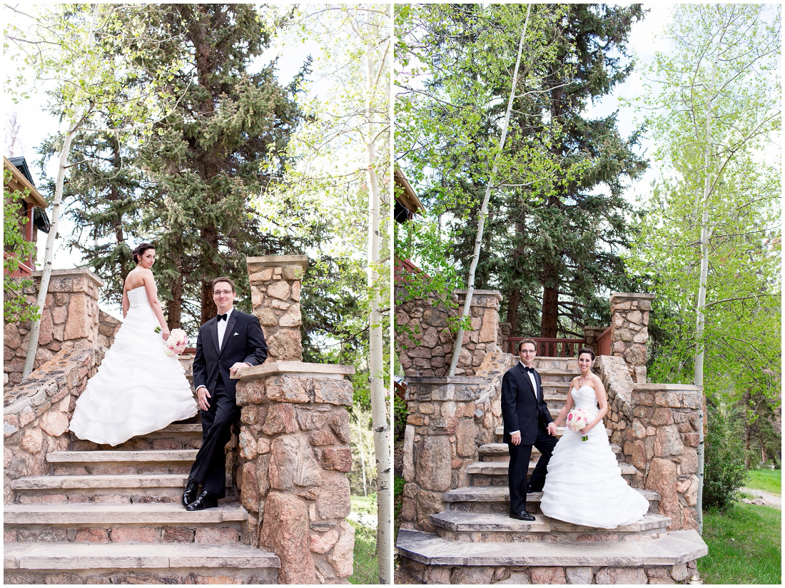photo of bride and groom on stairs