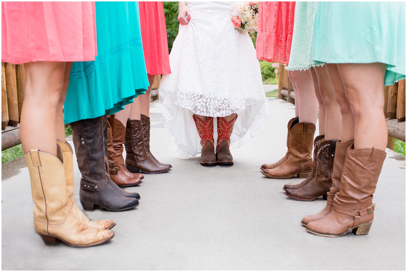 picture of bride and bridesmaids with cowboy boots