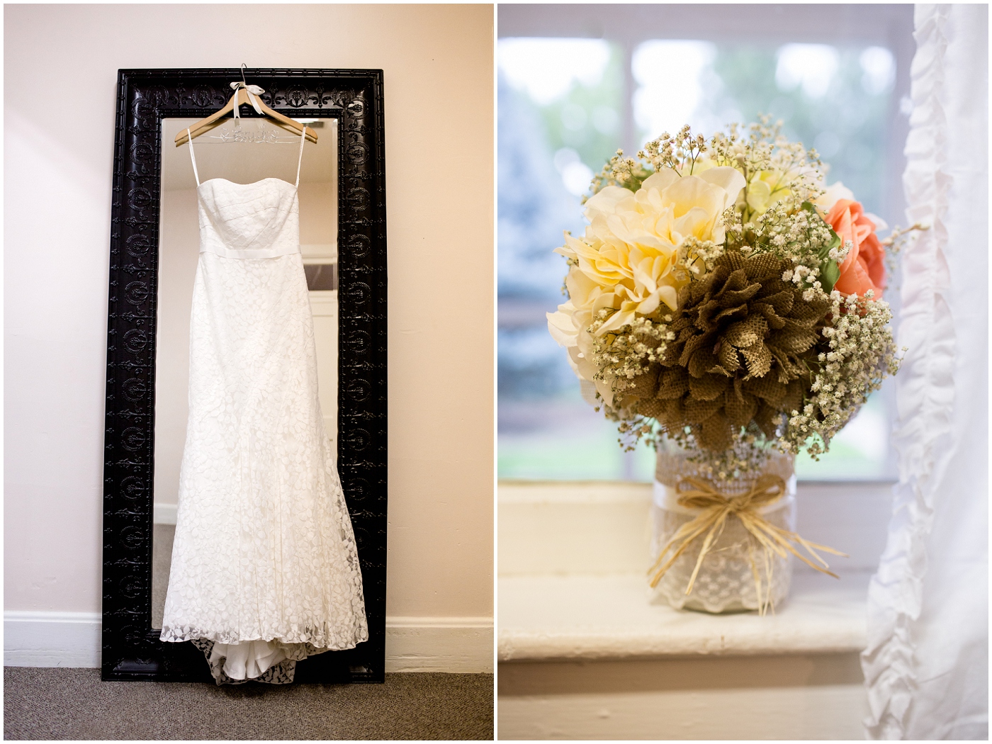 picture of wedding dress hanging on mirror