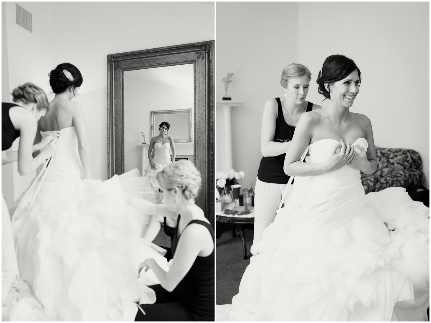 picture of bride putting wedding dress on
