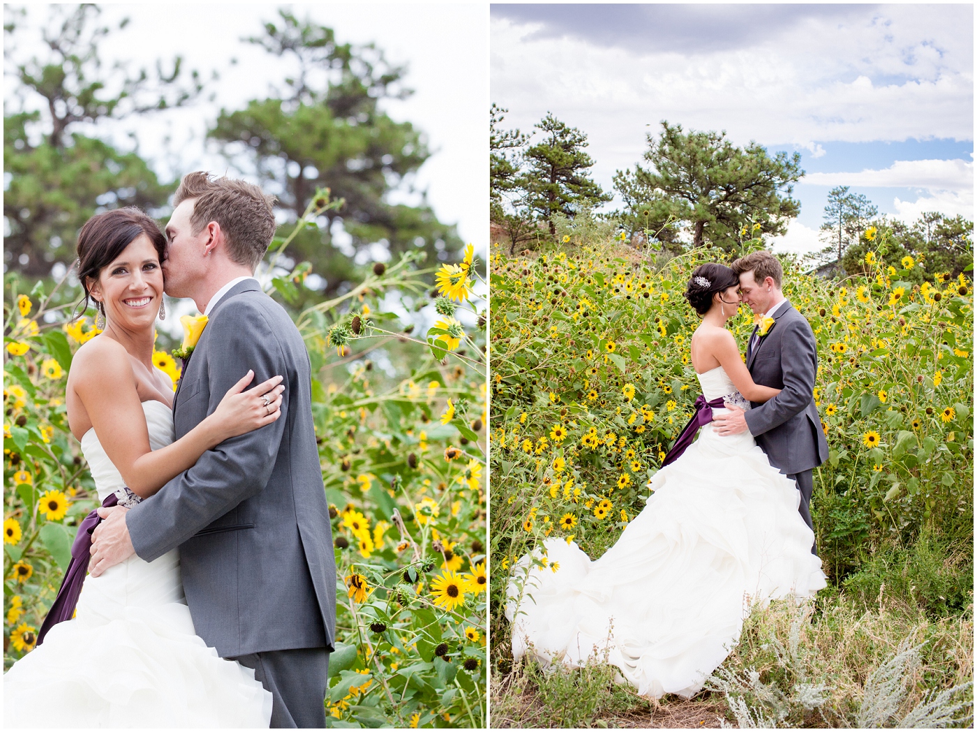 picture of bride and groom in sunflower field