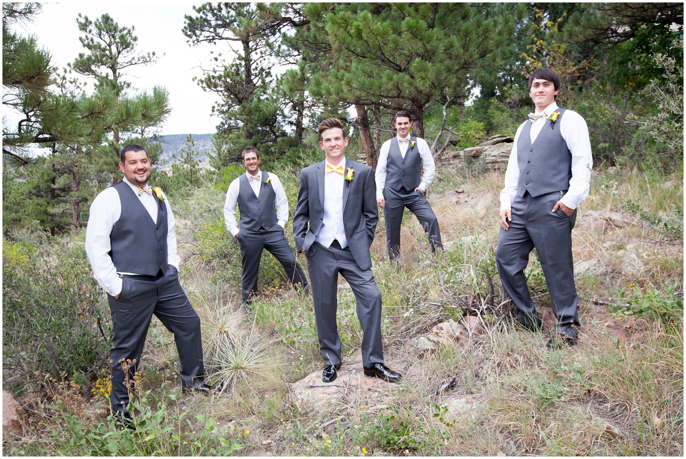 picture of groomsmen in gray at colorado mountain wedding