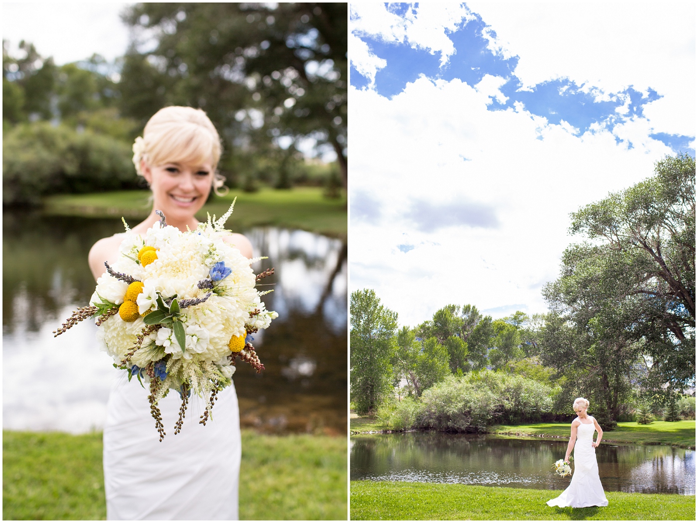 picture of bride by a pond