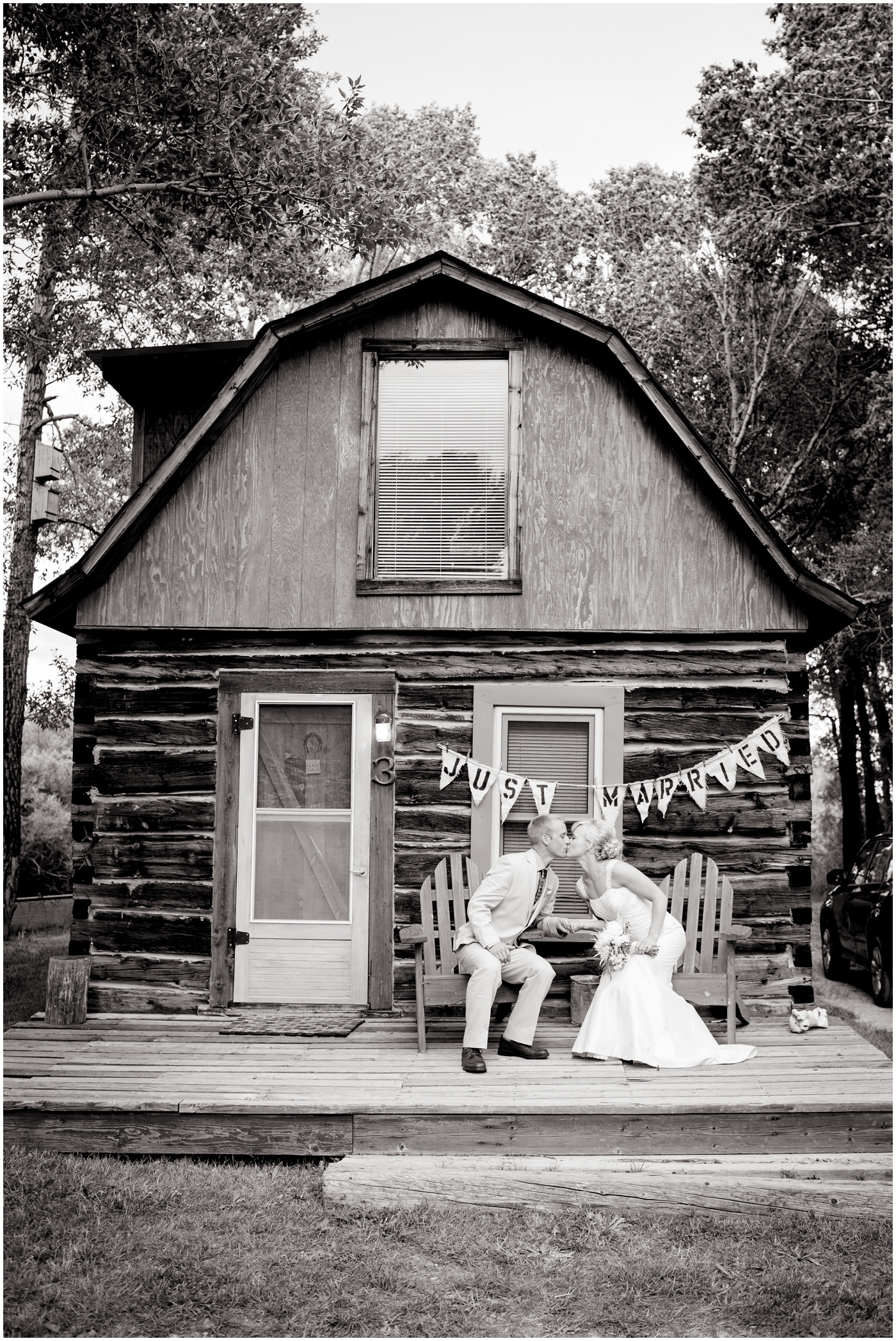 picture of bride and groom at rustic cabin