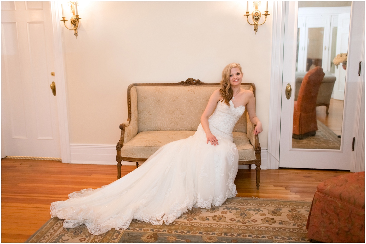 picture of a bride sitting on a couch at grant-humphreys mansion wedding