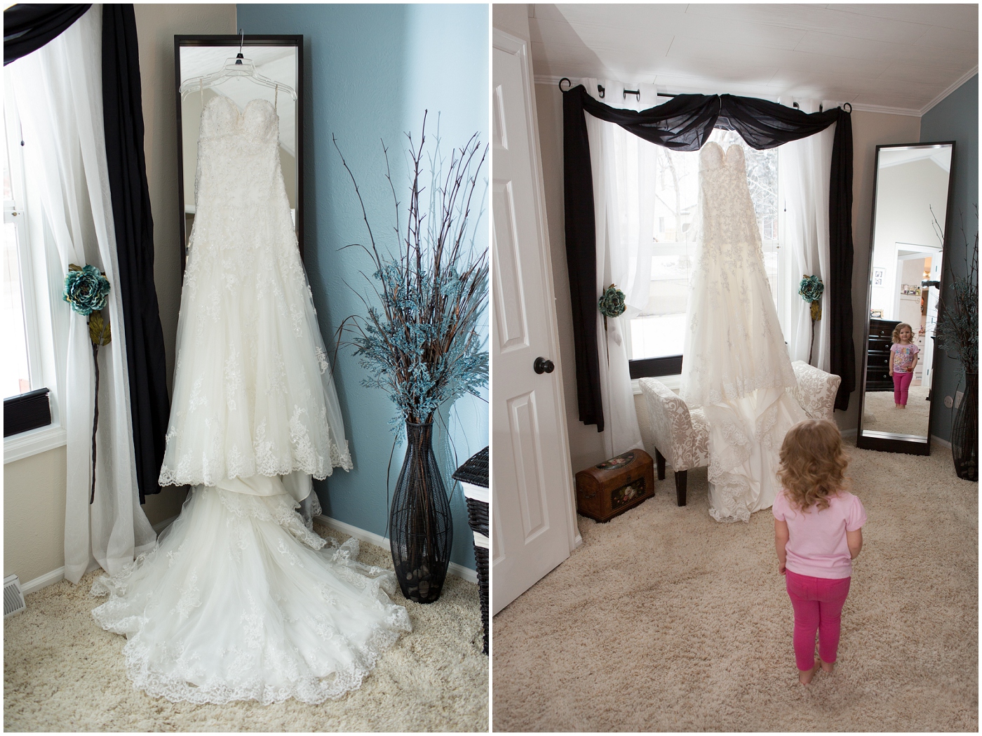 picture of flower girl looking at wedding dress