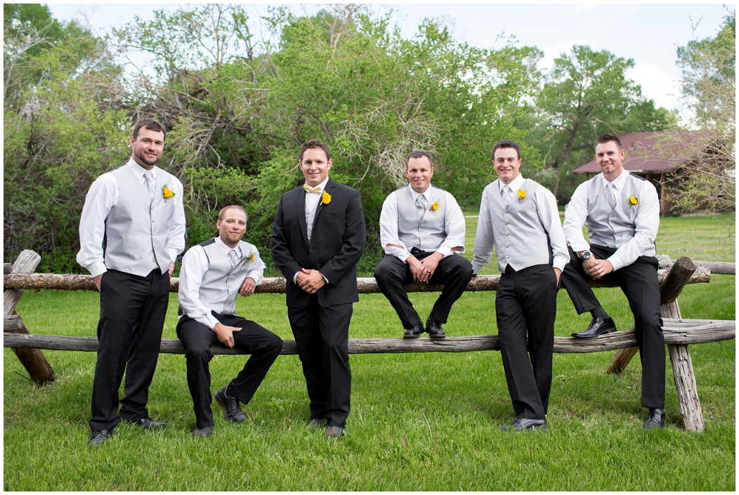 picture of groomsmen sitting on a fence