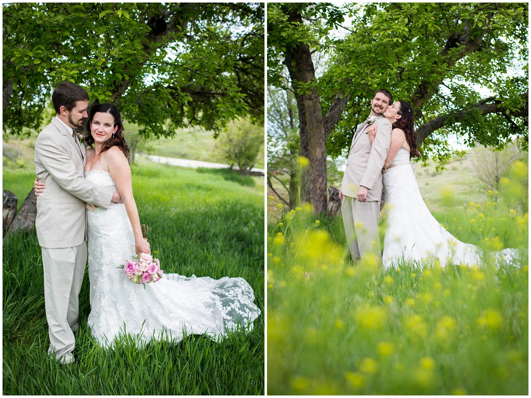 picture of bride and groom in a wildflower field