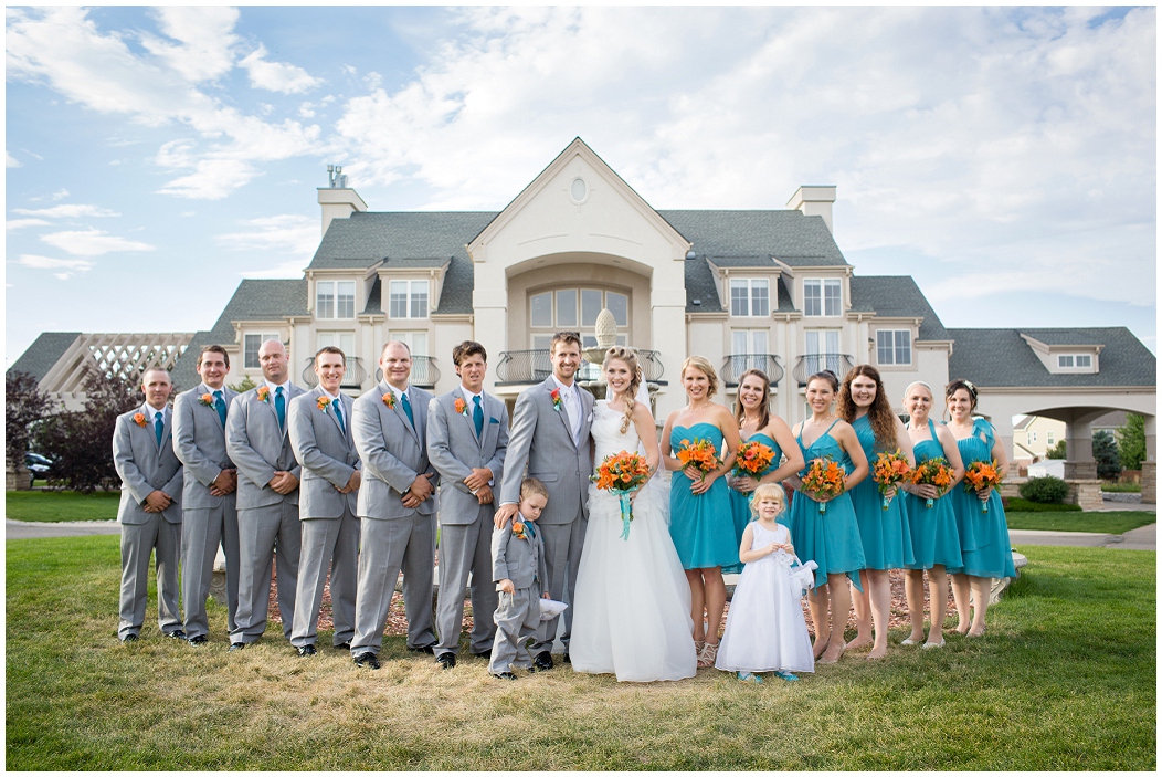 picture of bridal party in teal and gray