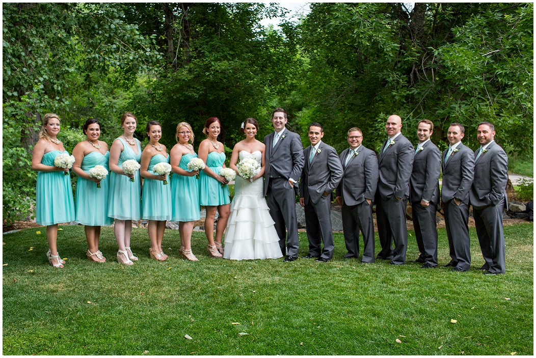 picture of bridal party in gray and teal