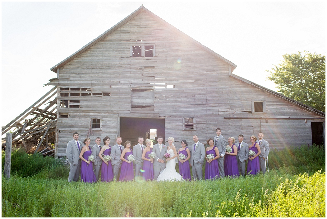 picture of bridal party against a barn