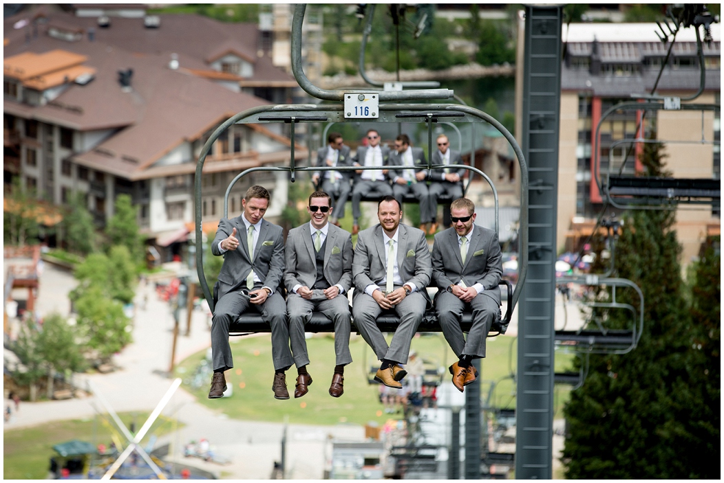 picture of bridal party on chairlift 