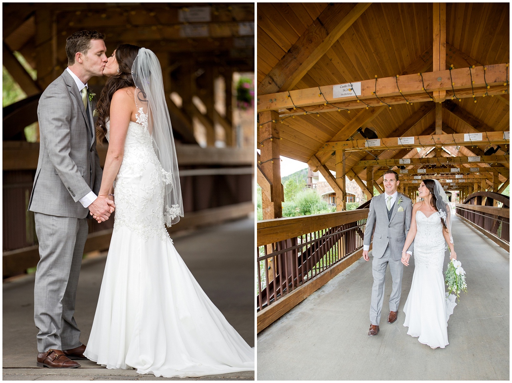picture of bride and groom walking on a bridge
