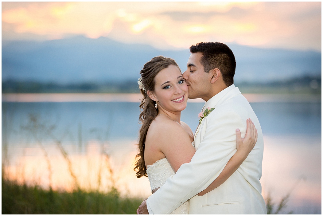 picture of bride and groom at sunset