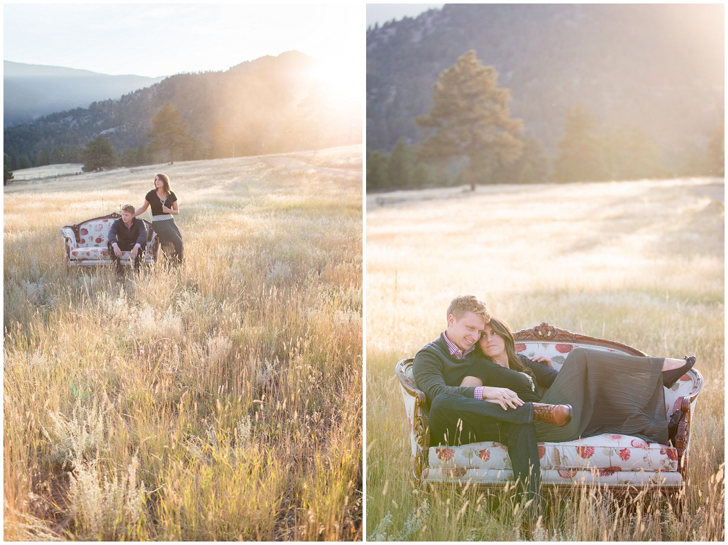 picture of engagement photos with a couch in a field