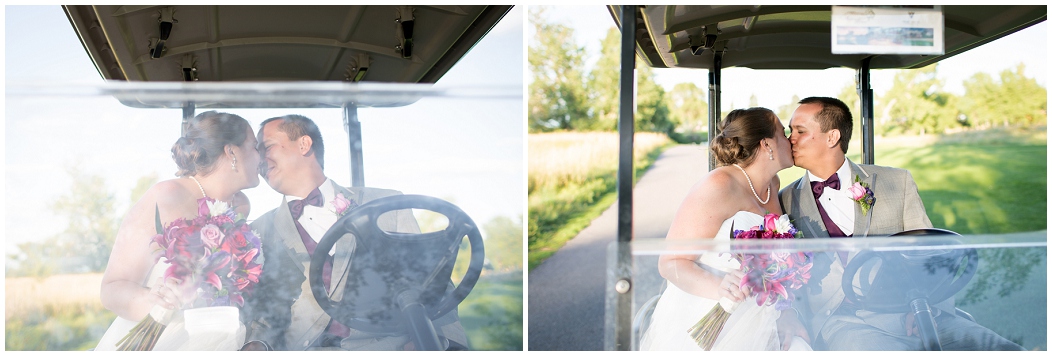picture of bride and groom in a golf cart