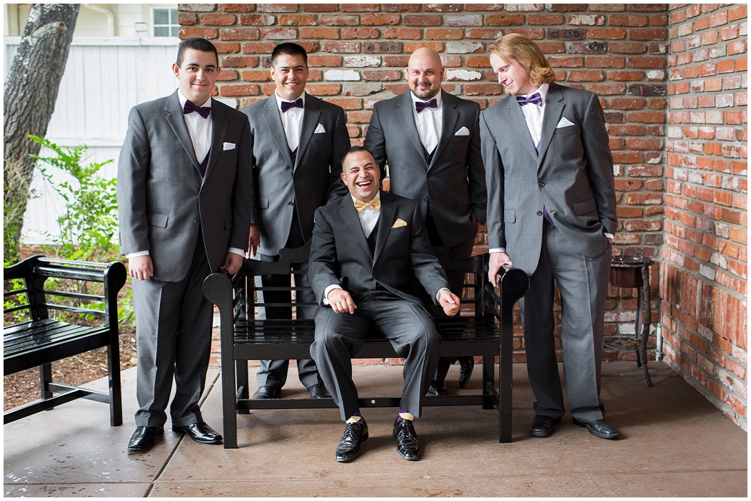 picture of groomsmen in gray and purple