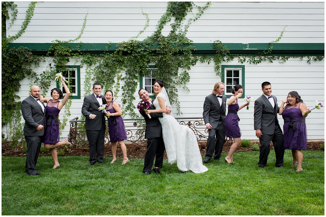 picture of bridal party in gray and purple