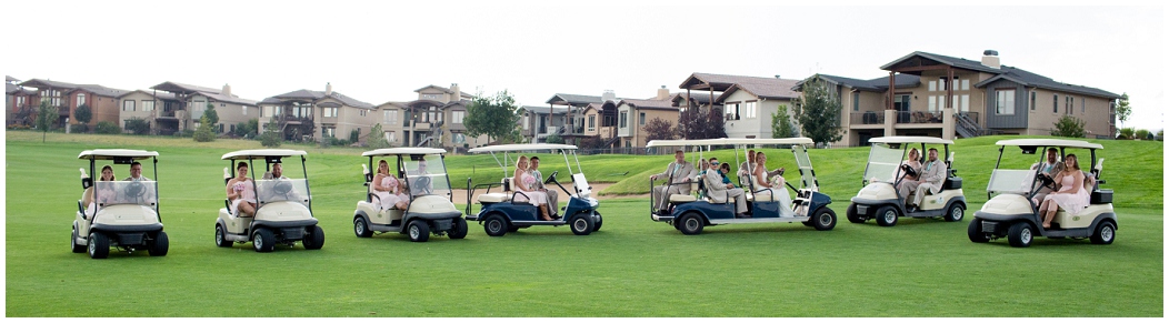 picture of bridal party on golf carts