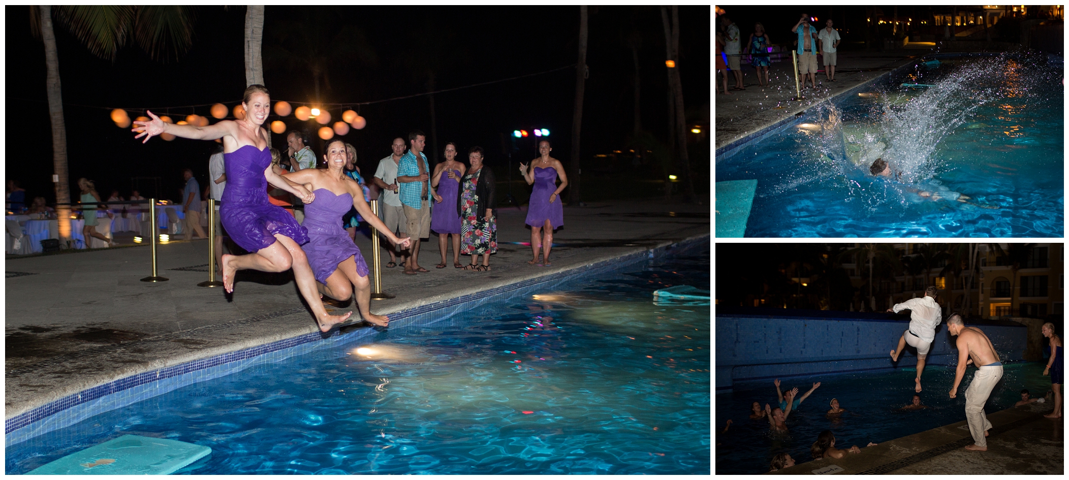 picture of bridal party jumping into swimming pool