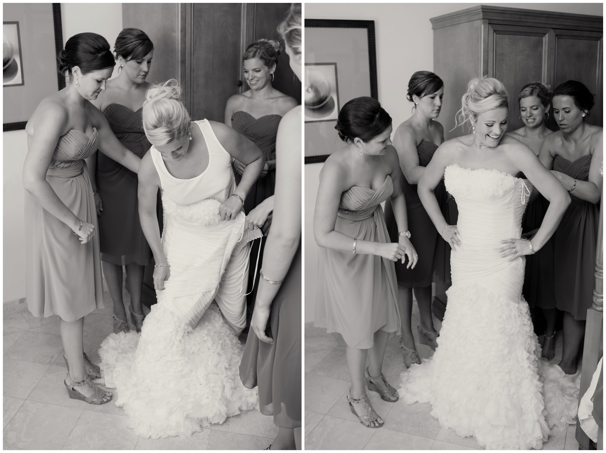 picture of bride getting into her dress