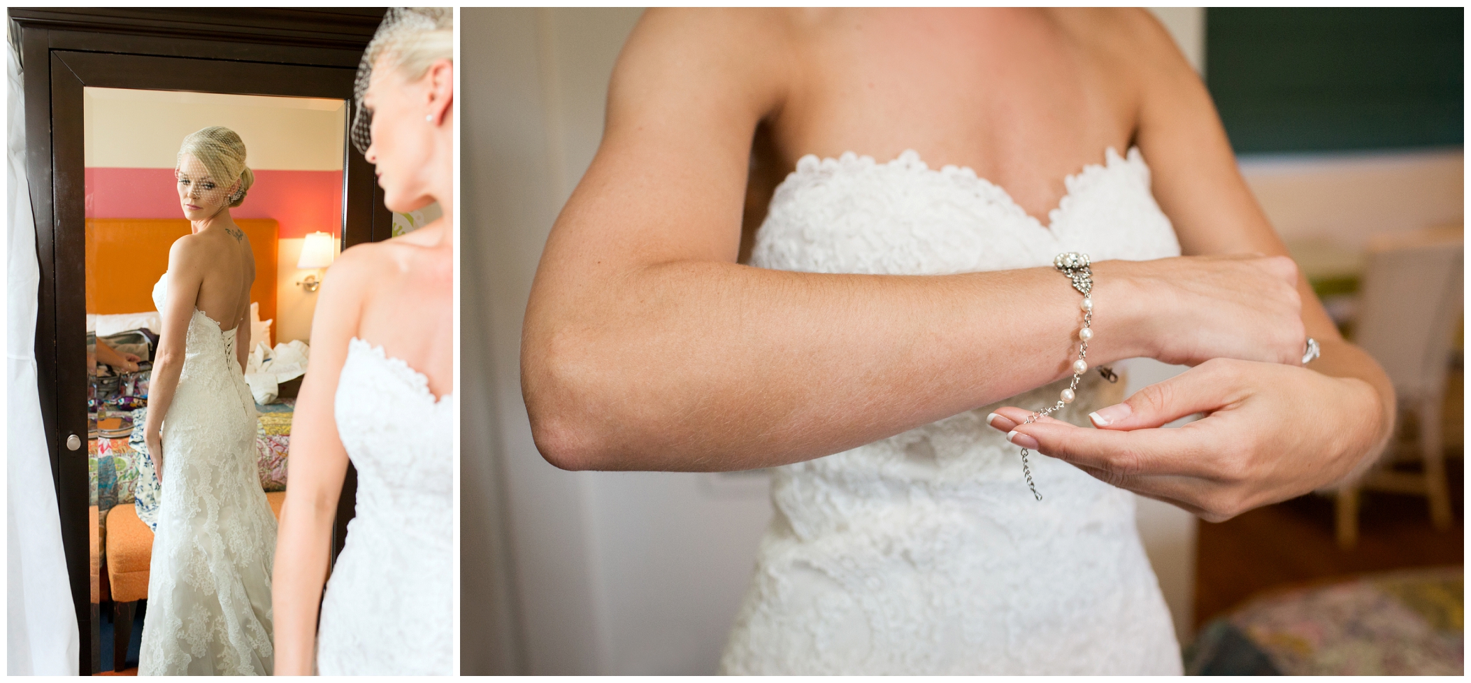 picture of a bride putting on a bracelet