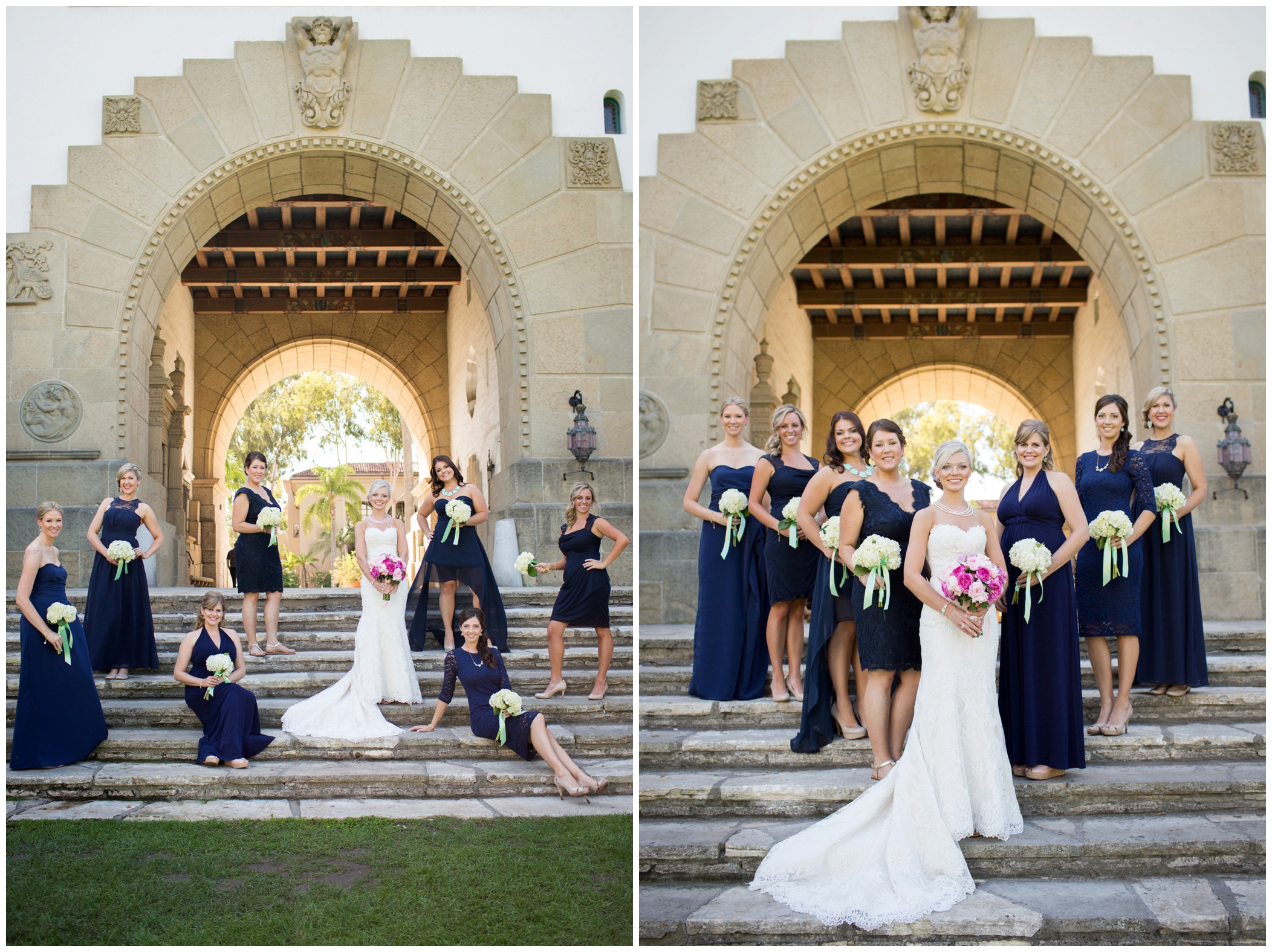 picture of bridesmaids in long navy dresses 