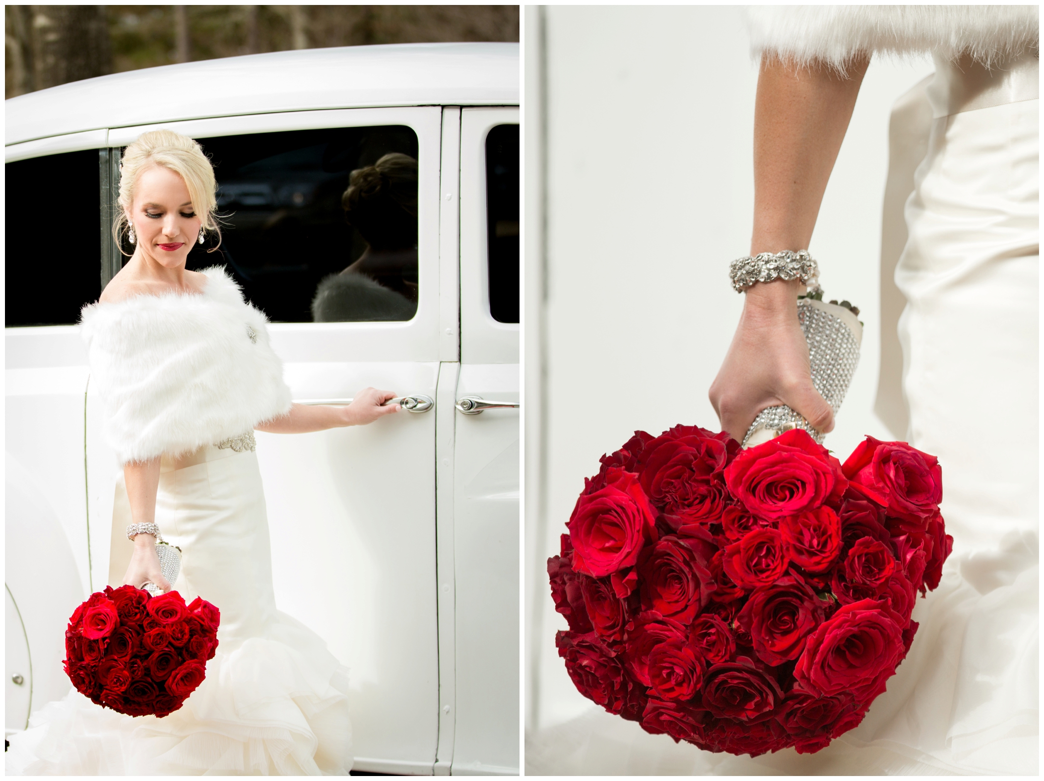 picture of bride with red rose bouquet 