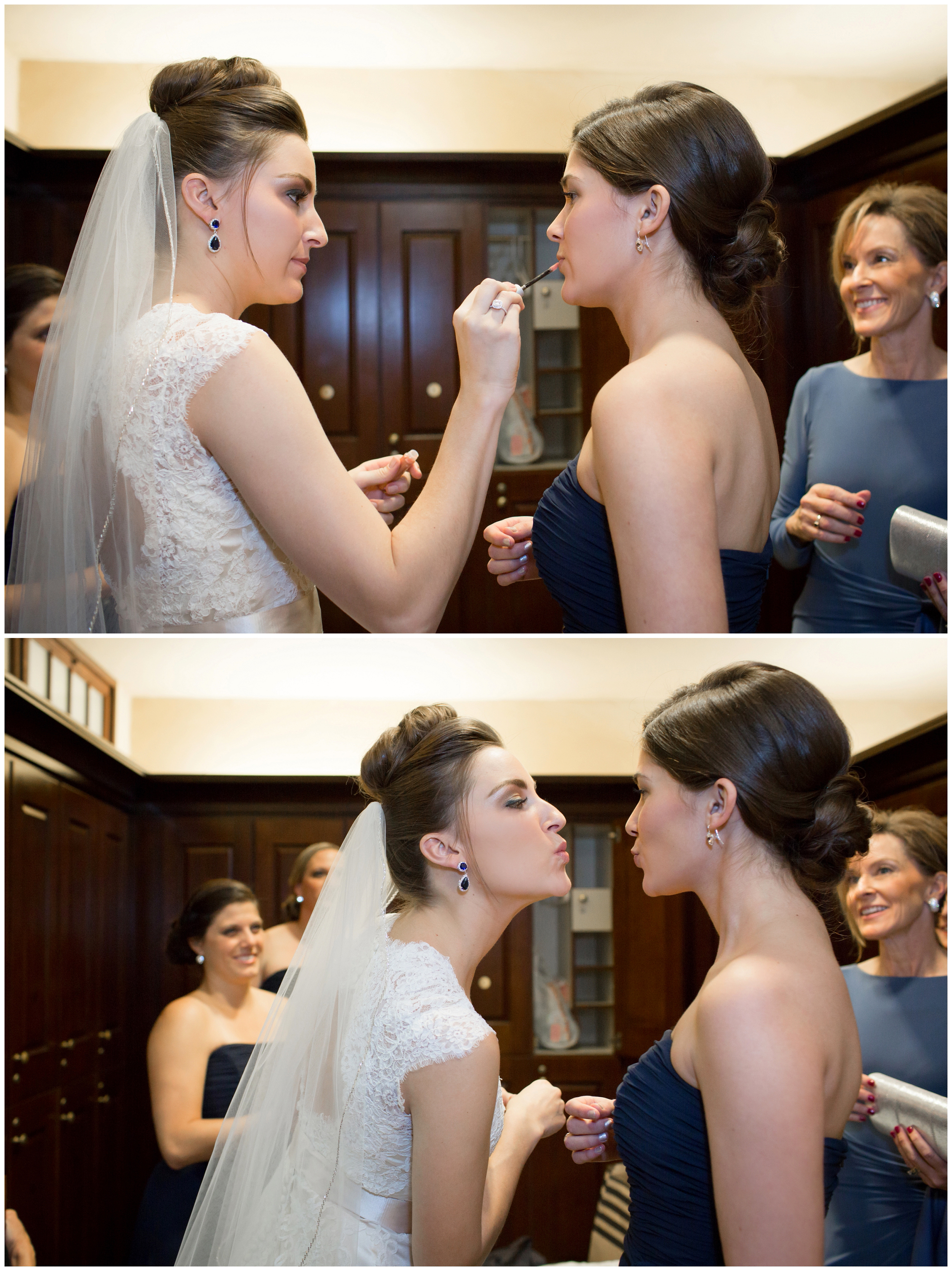 picture of bride putting lipstick on  bridesmaid 