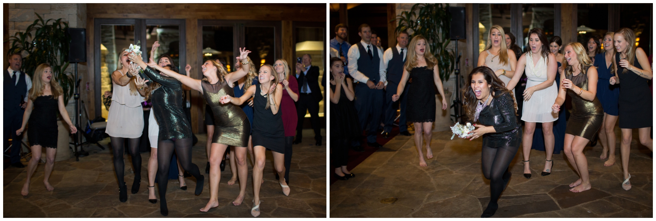 picture of bouquet toss at Colorado mountain wedding 