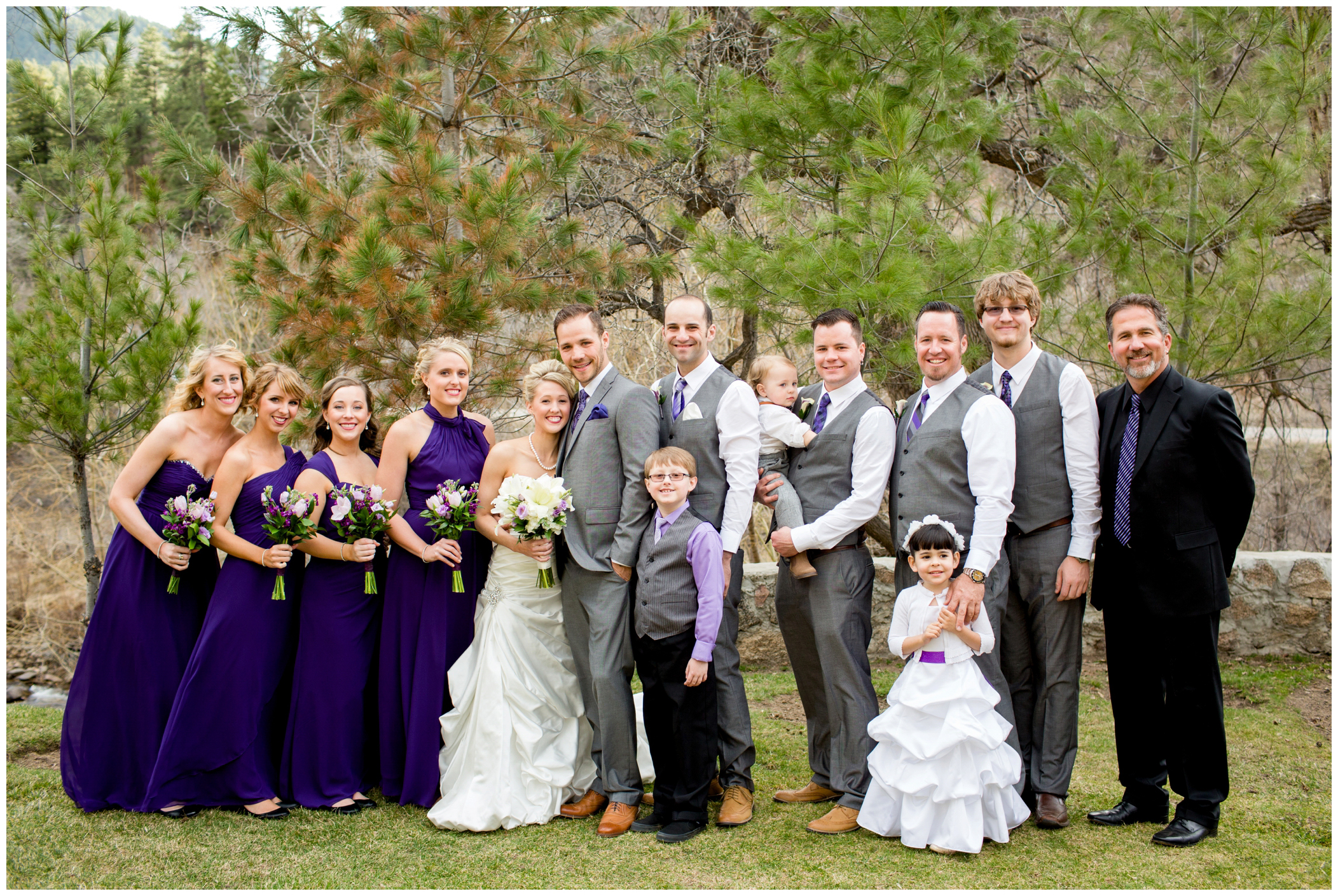 picture of bridal party in gray and purple