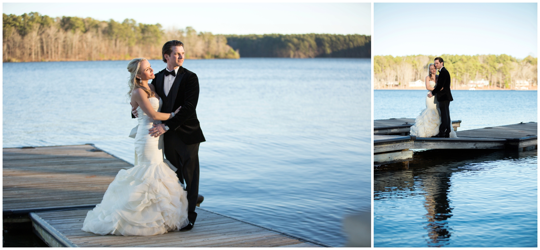 picture of bride and groom by a lake