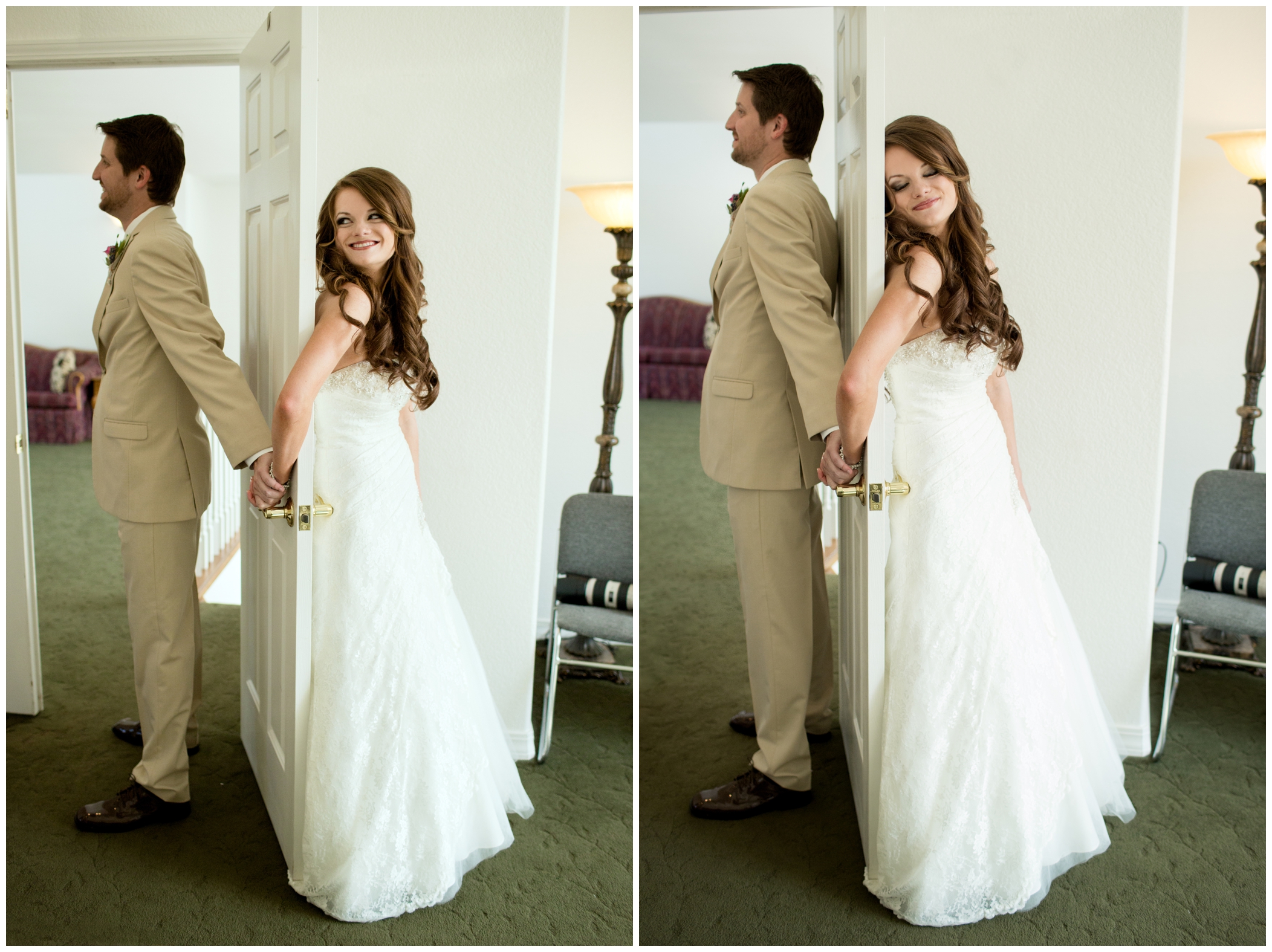picture of bride and groom holding hand behind door