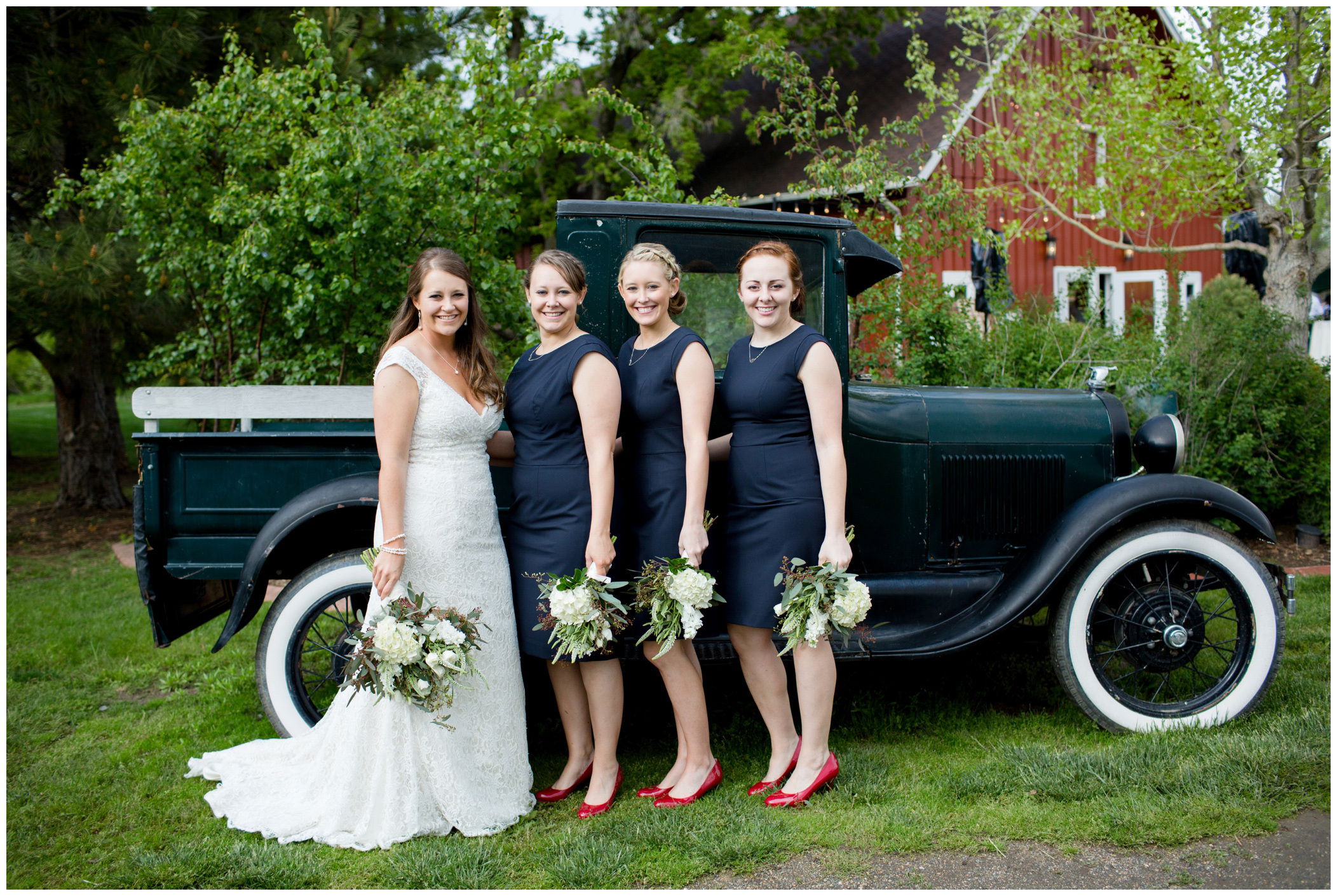 picture of bride and bridesmaids with vintage car