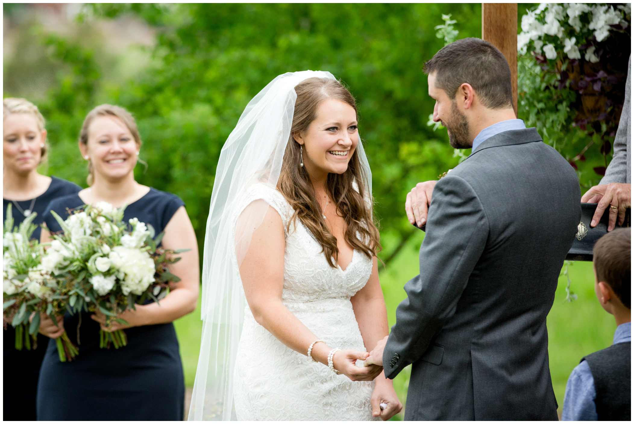 picture of bride laughing during Colorado wedding ceremony 