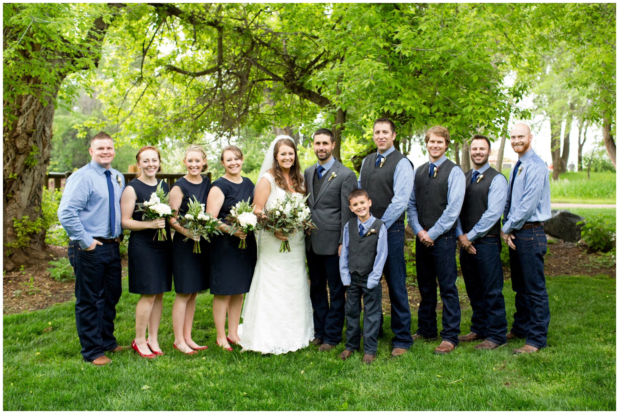 picture of bridal party in navy and gray