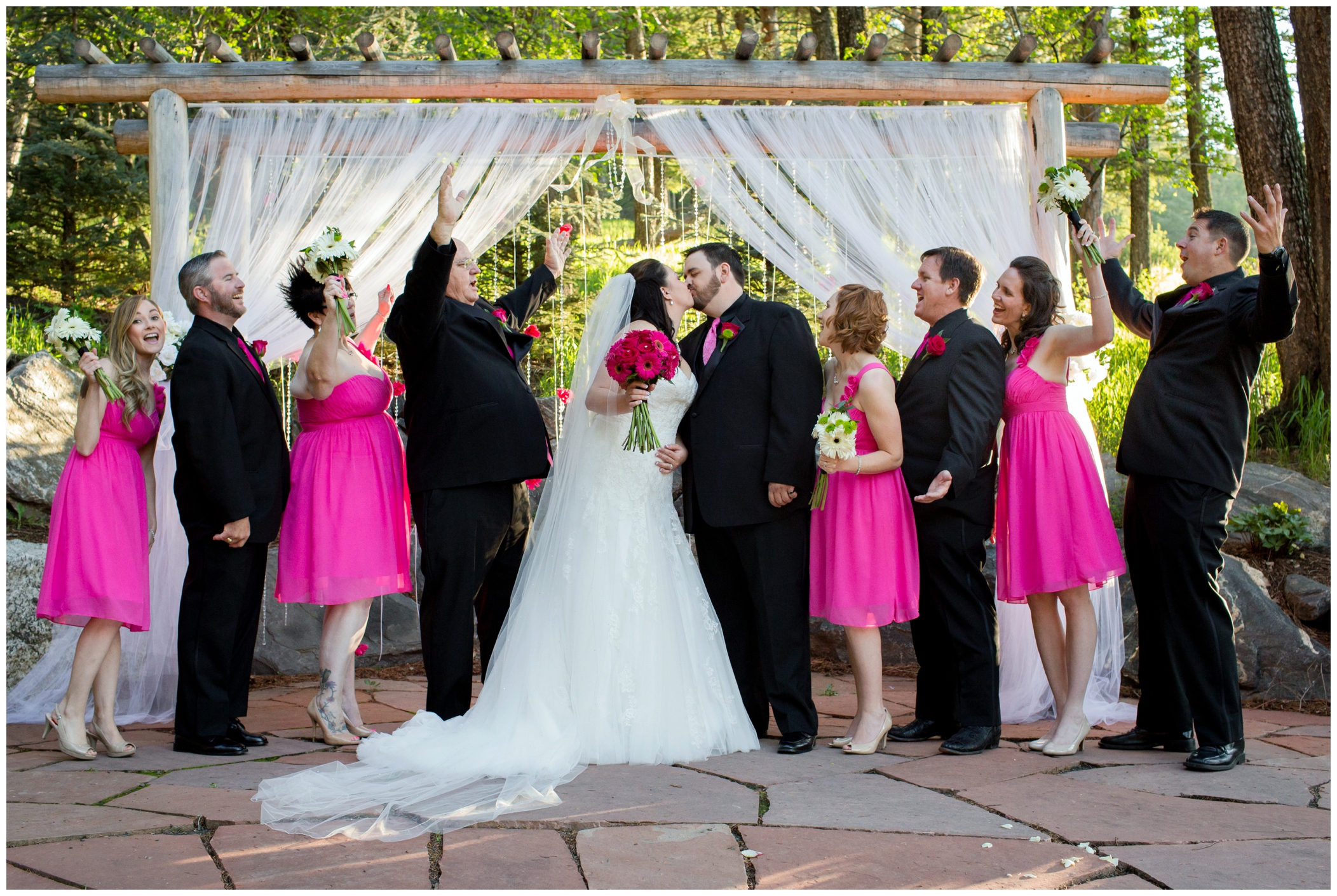 picture of wedding party in hot pink & black