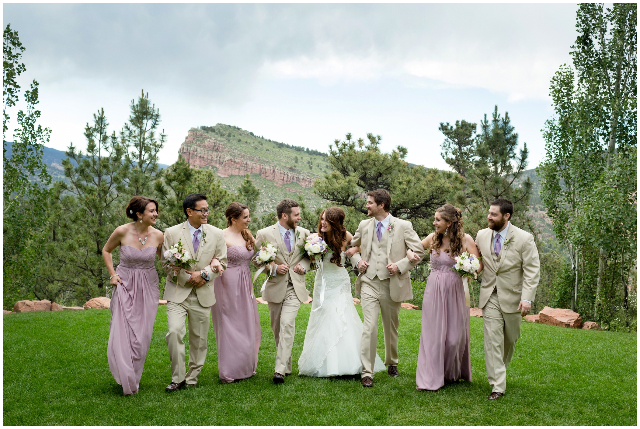 picture of bridal party in purple and tan 