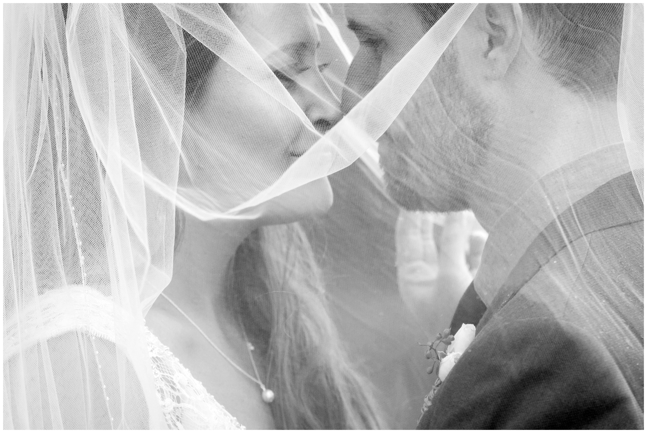 picture of bride and groom under a veil