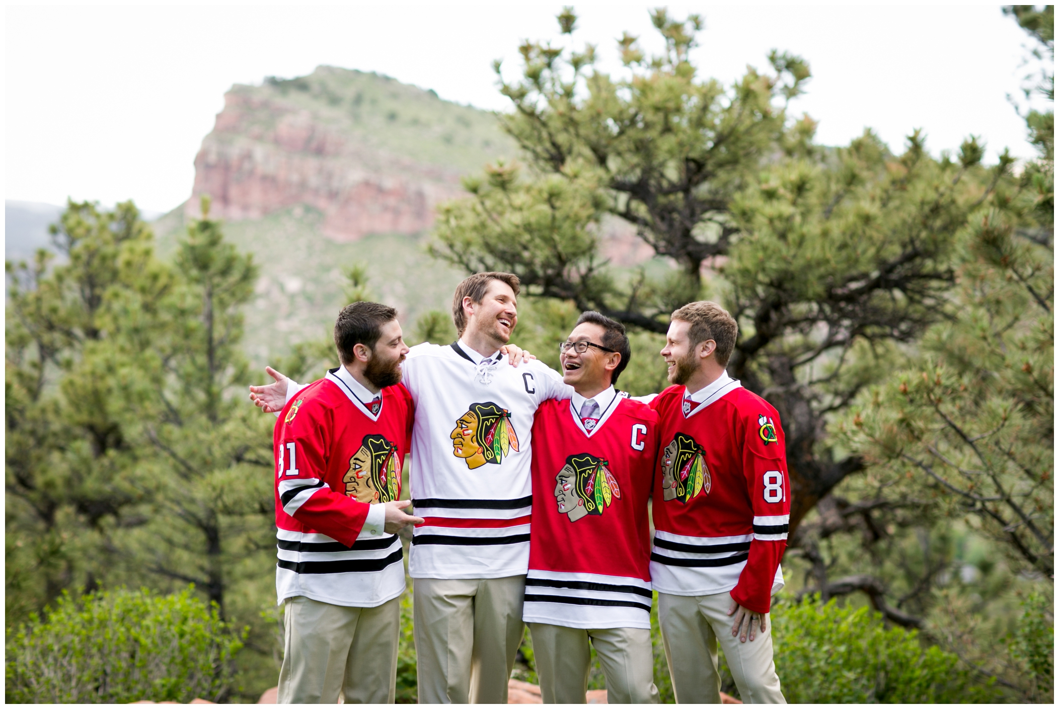 picture of groomsmen in hockey jerseys