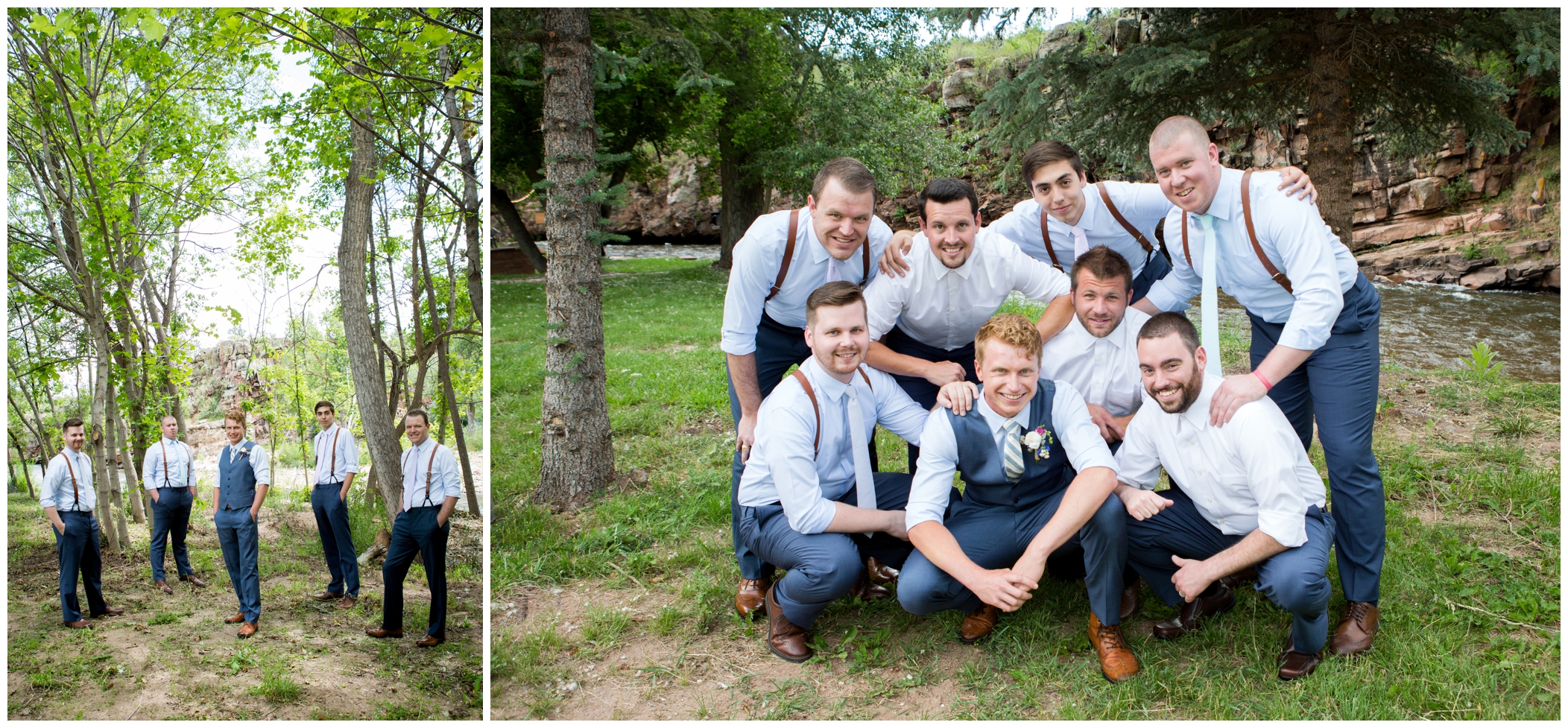 groomsmen in blue suits at Colorado outdoor wedding 