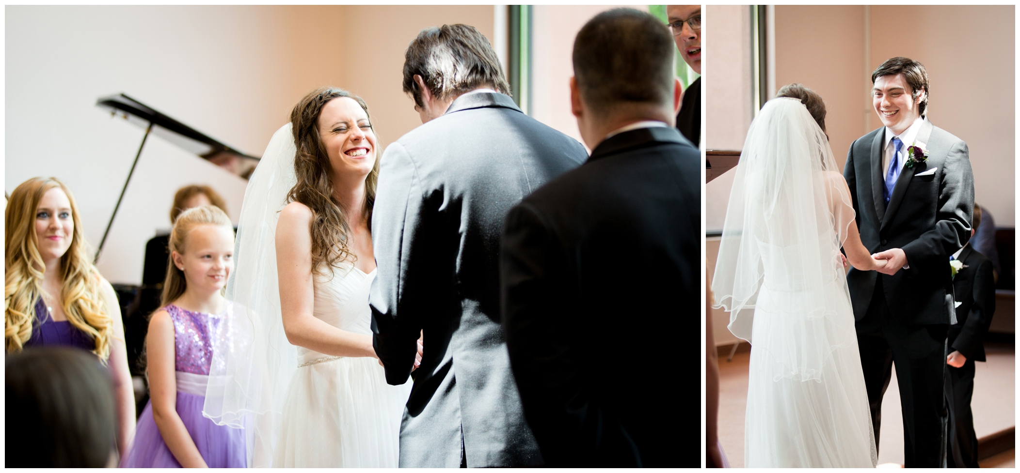 bride laughing during wedding vows 