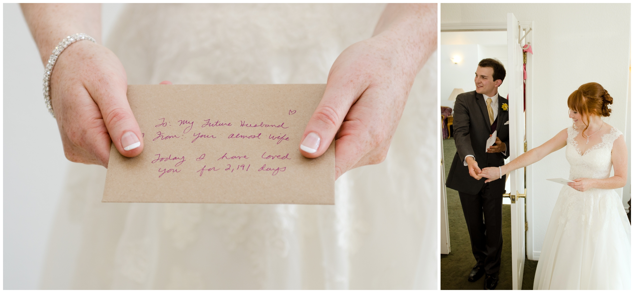bride and groom exchanging letters 