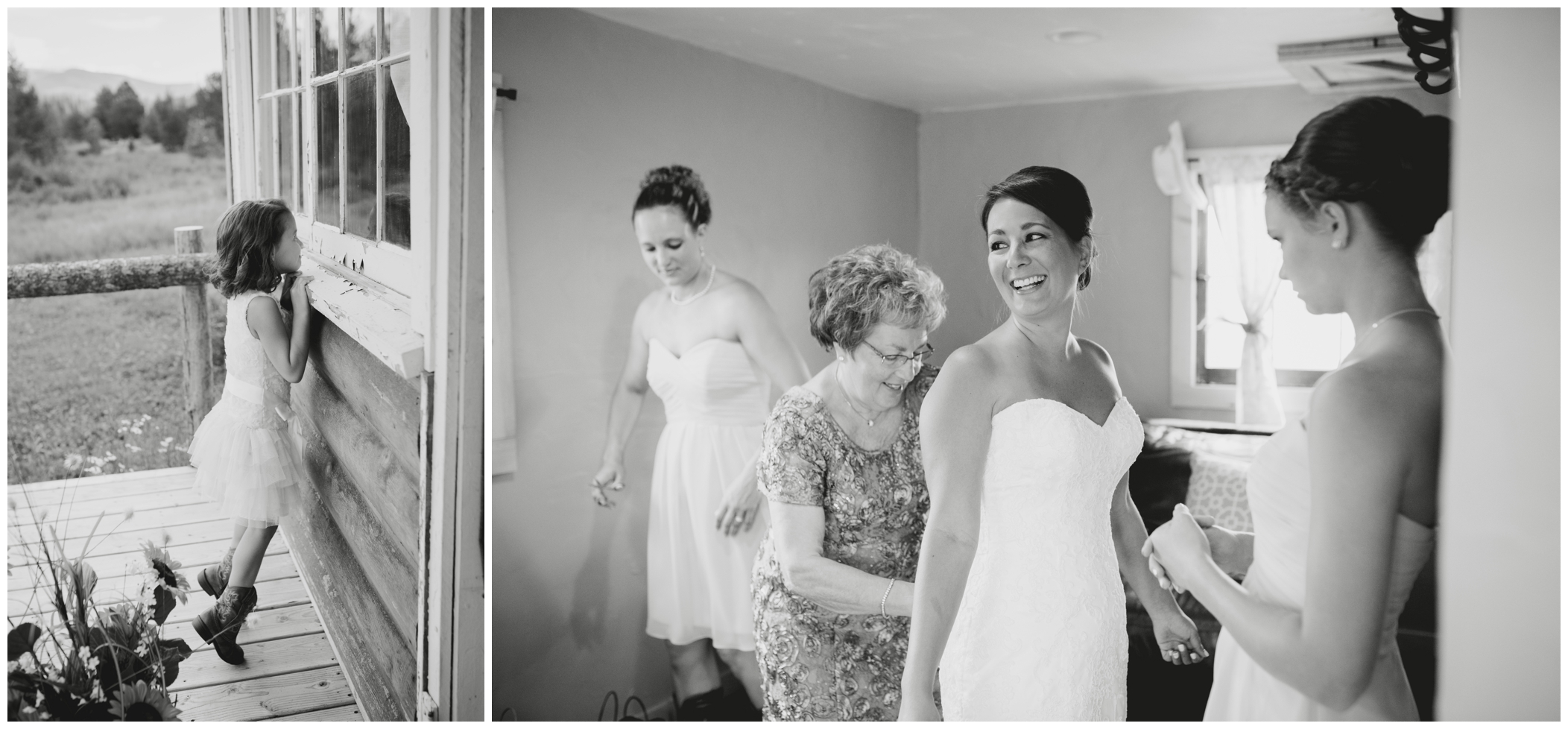 bride getting in her dress at Winding River Ranch wedding
