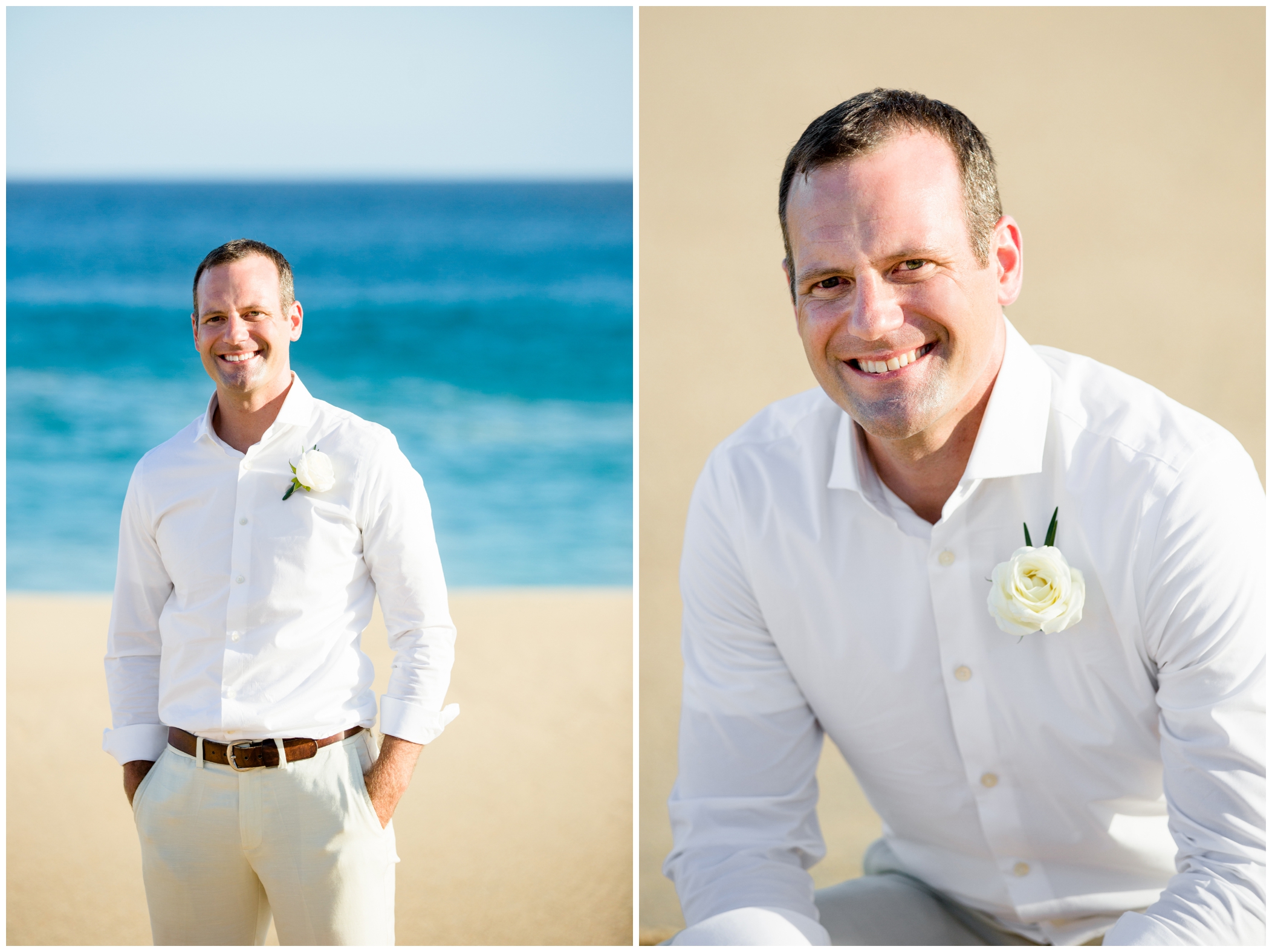 groom in white on the beach
