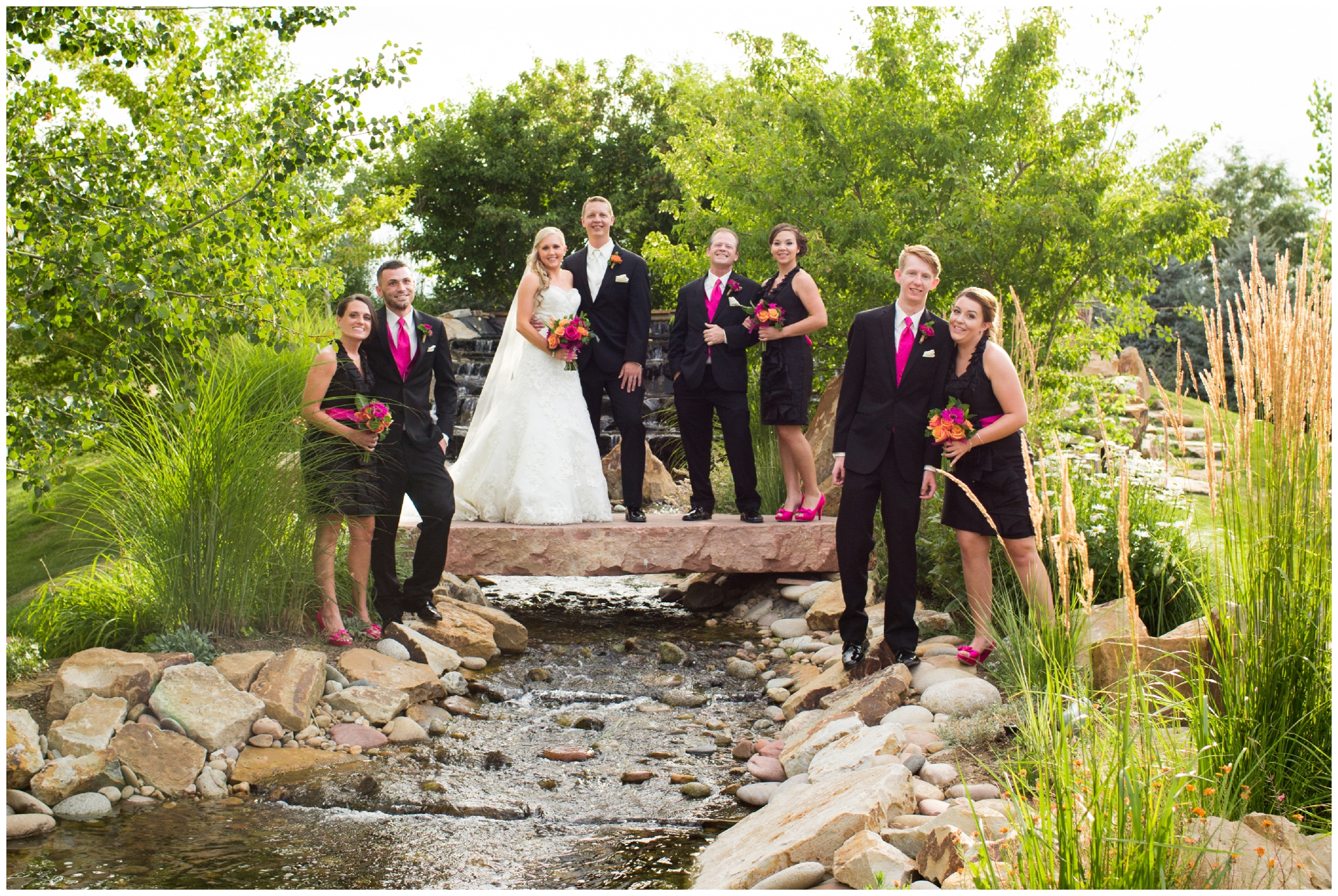 wedding party in hot pink and black