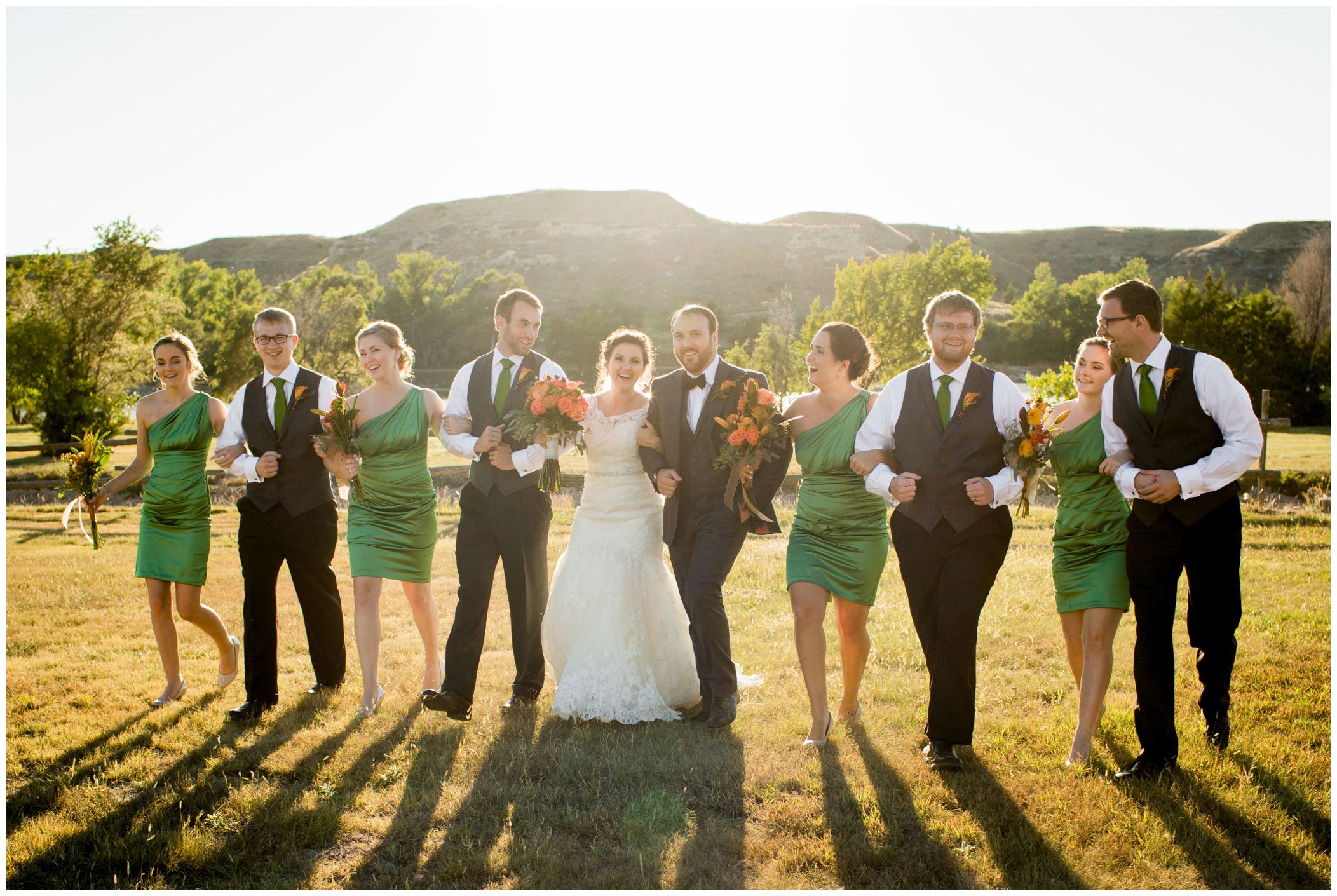 bridal party in green and gray