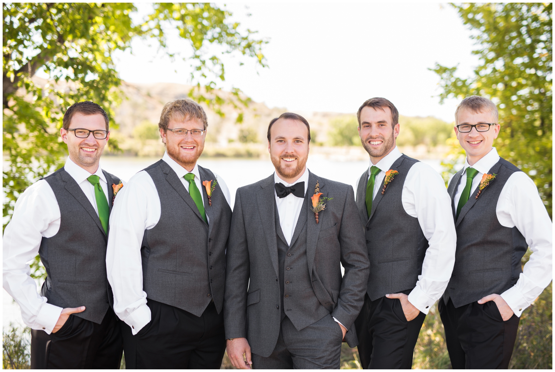 groomsmen in gray and green