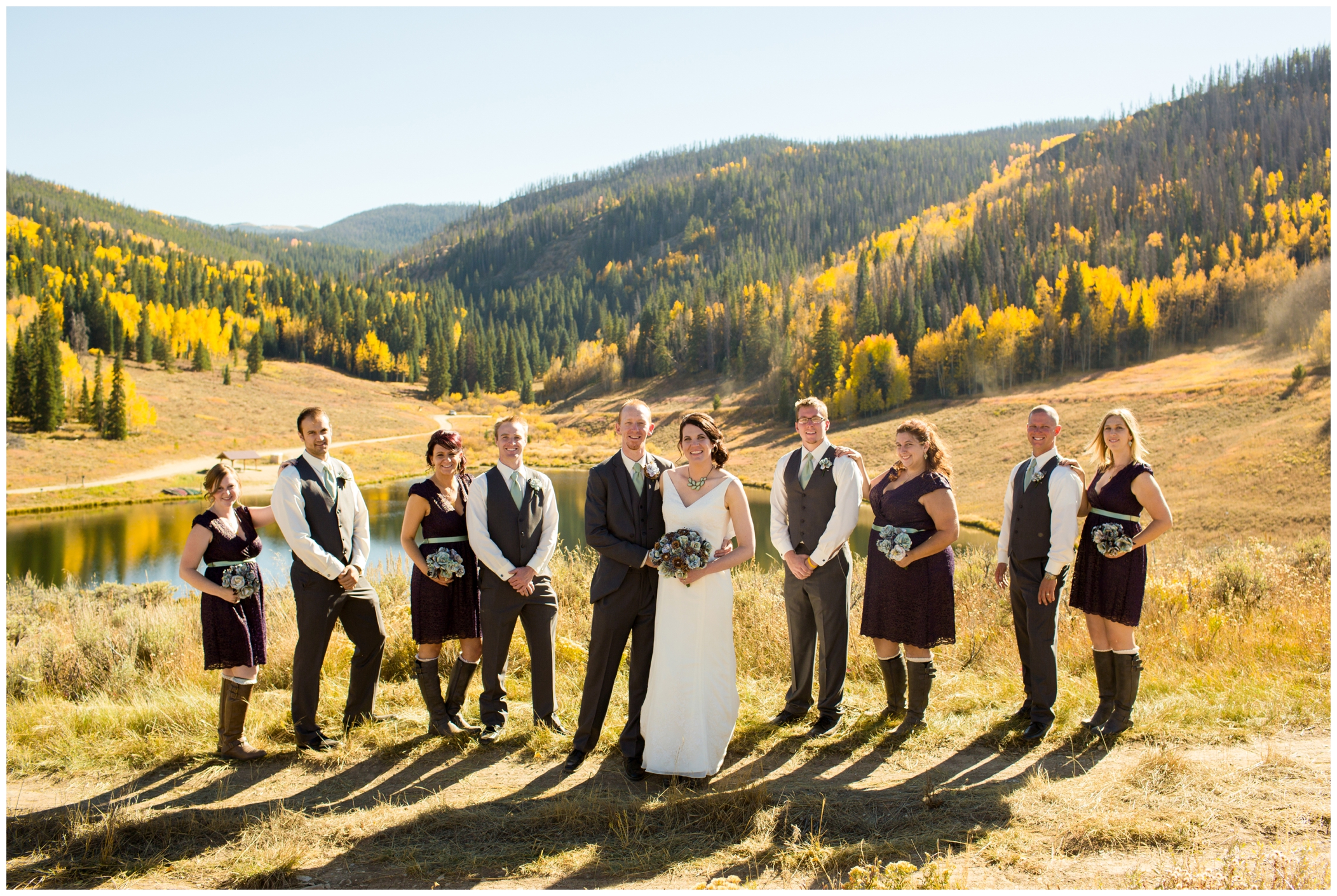 bridal party in purple and gray